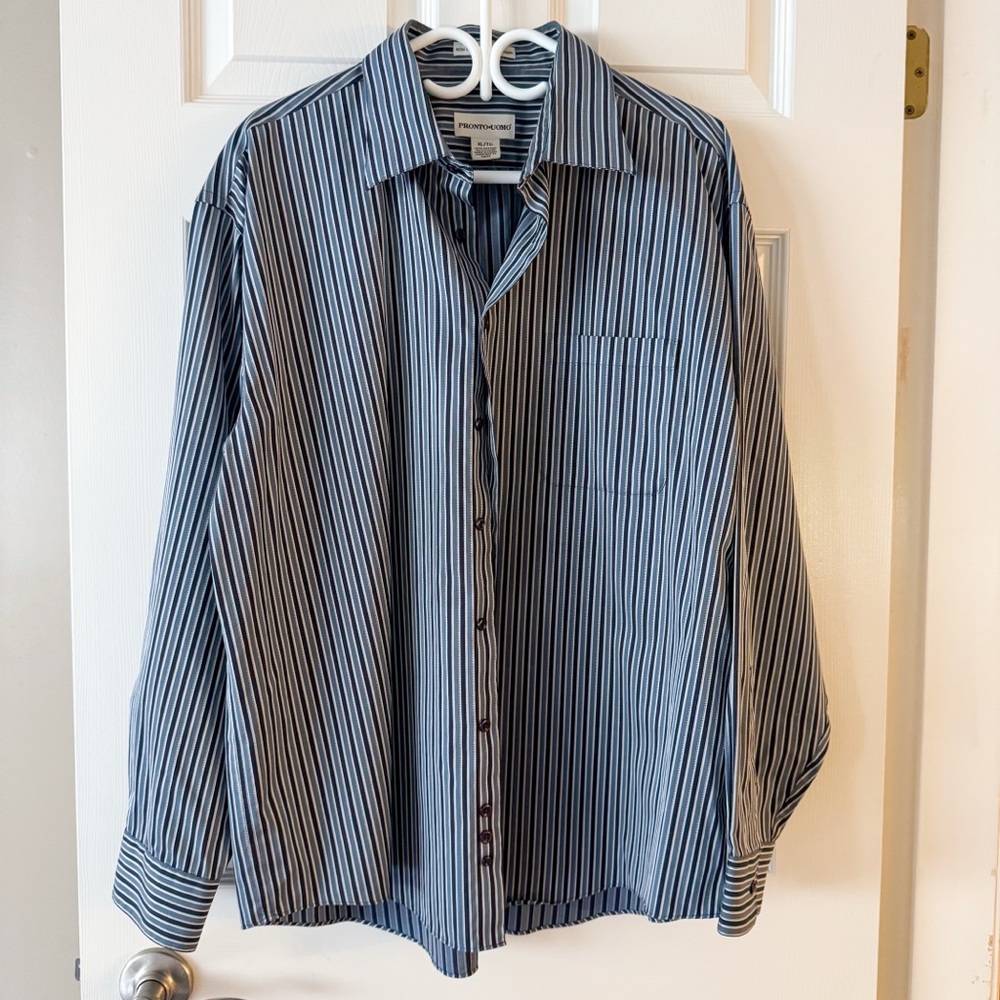 Pronto Uomo Non-Iron Dress Shirt Men XL Gray Black Striped Cotton